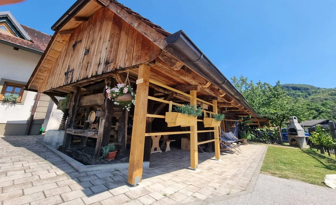 Pokrit nadstrešek s staro leseno prešo, cvetličnimi koriti in ležalnikom